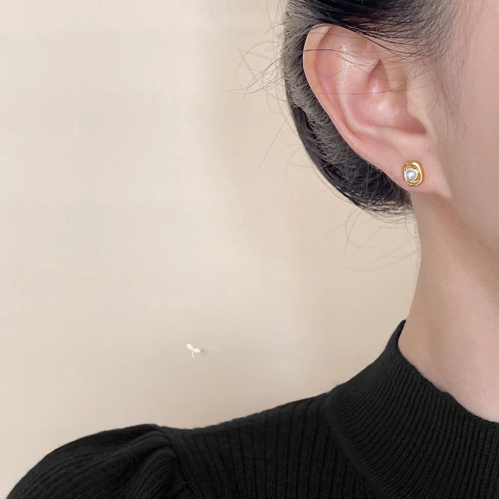 Mini 14K Gold Plated Copper Pearl Geometric Ingot Stud Earrings For Women Simple Commuter Jewelry