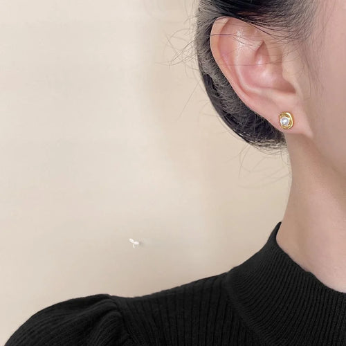 Mini 14K Gold Plated Copper Pearl Geometric Ingot Stud Earrings For Women Simple Commuter Jewelry