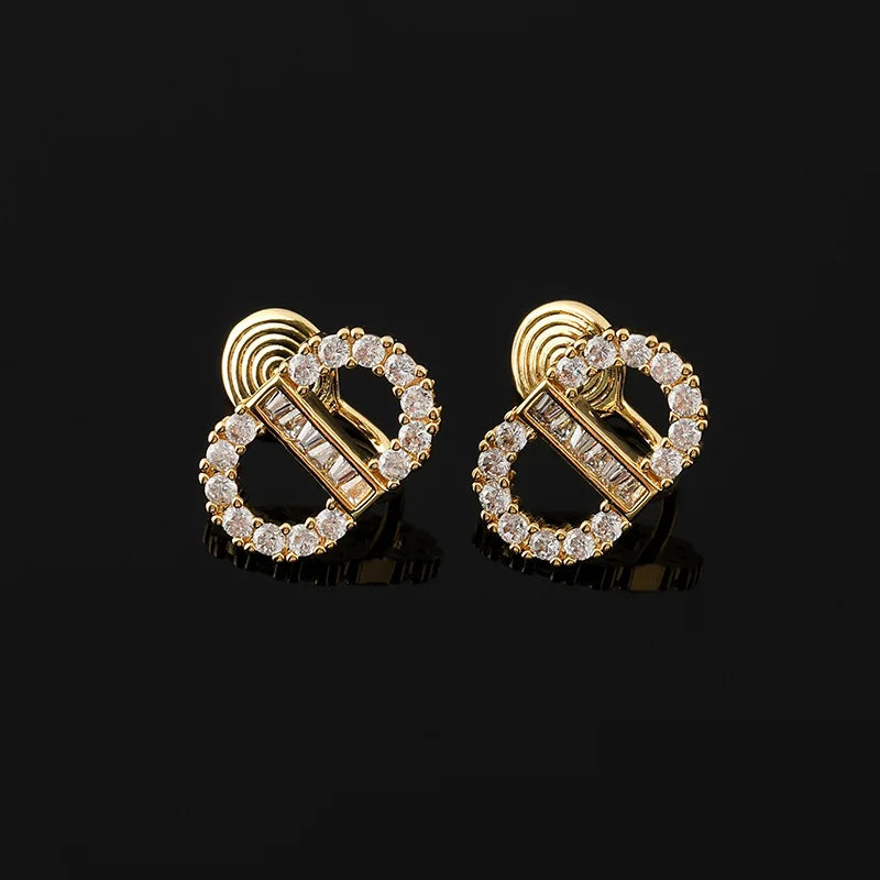 Luxury Zircon Pave Double Circle Letter Stud & Clip On No Piercing Gold Alloy Fashion Earrings