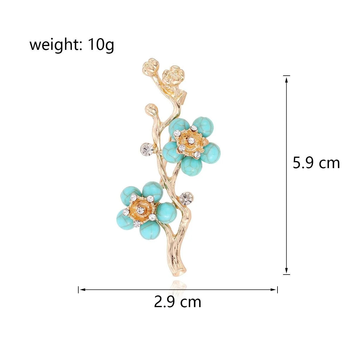 Elegant Turquoise Enamel Plum Blossom Branch Brooch With Rhinestones, Gold Alloy Lapel Pin Suit Accessory
