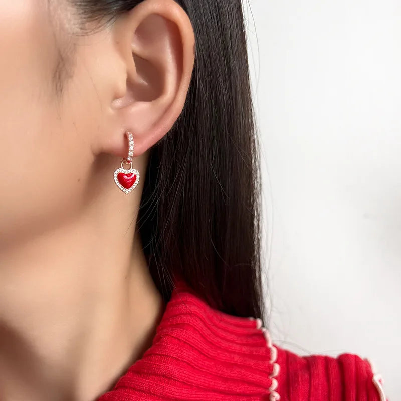 Elegant Luxury Red Enamel Heart Rhinestone Hoop Stud & Clip On No Piercing Birthday Gift Earrings