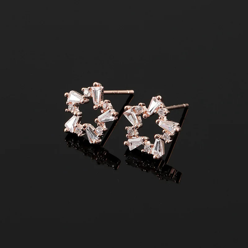 Elegant Hollow Star Zircon Stud & Clip On No Piercing Rose Gold Plated Five Point Hoop Earrings
