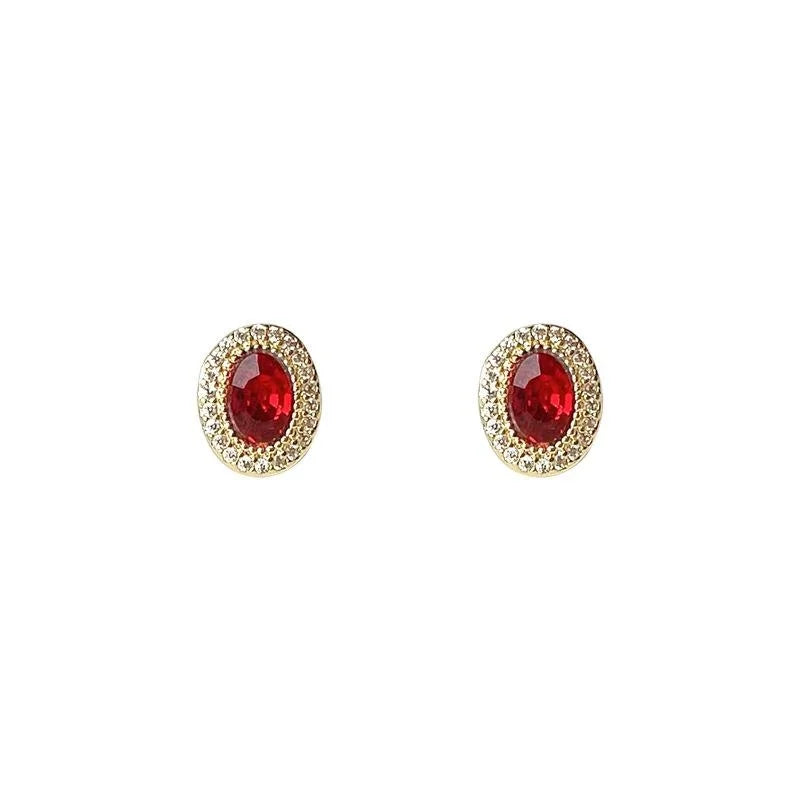 14K Gold Plated Copper Oval Red Zircon Stud Earrings Micro Pave Light Luxury Jewelry