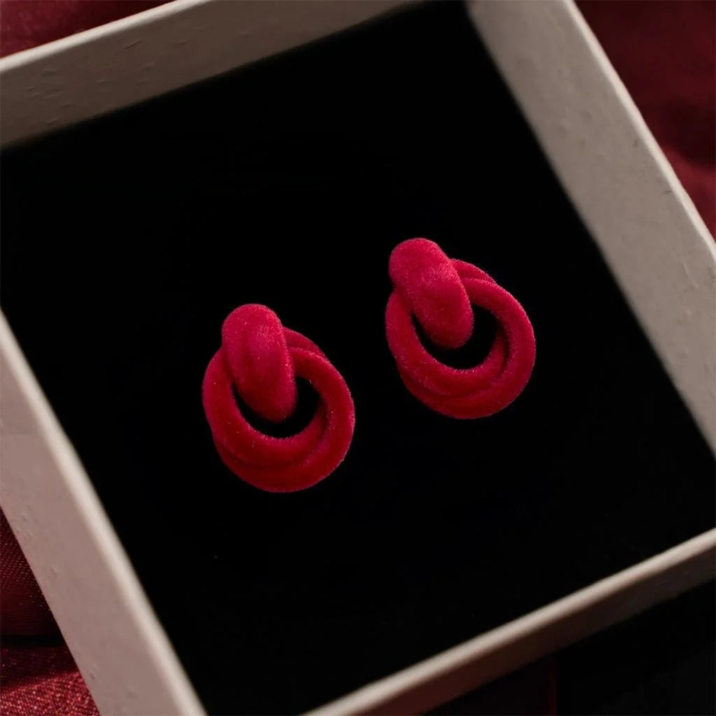 Burgundy Flocked Geometric Rope Knot Stud Earrings With Silver Plated Pins For Women