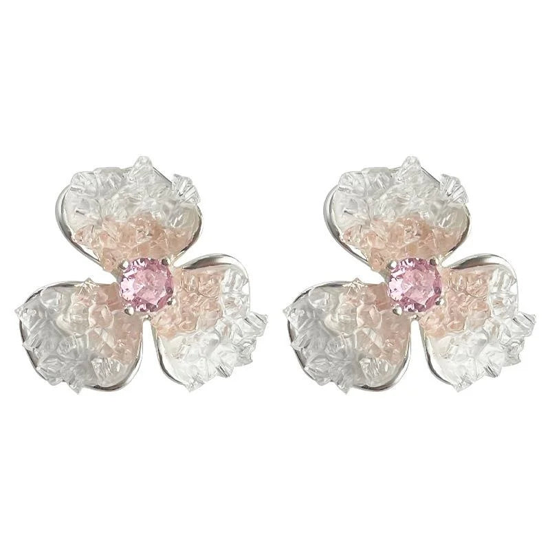 Sweet Pink Gradient Sakura Glass Crystal Zircon Micro Pave Copper Stud Earrings