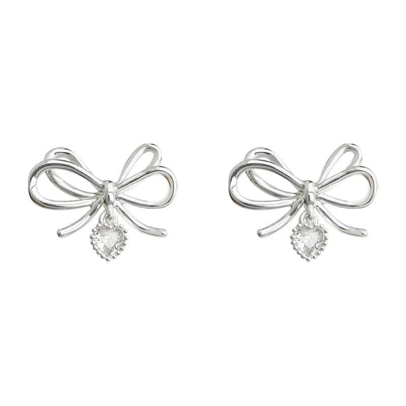 Sweet Cool Micro Pave Zircon Bow Heart Copper Stud Earrings For Women