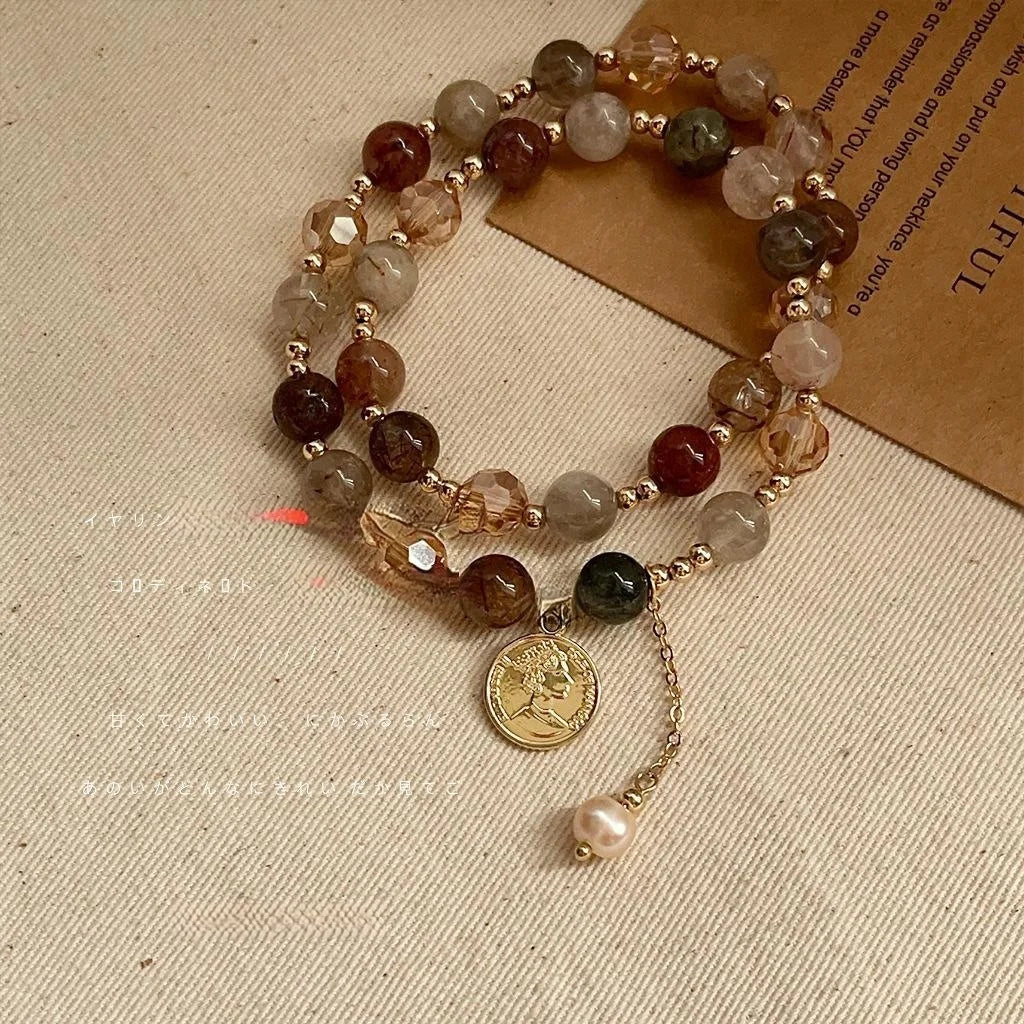 Natural Red Rutilated Quartz Glass Crystal Tassel Bracelet Copper Geometric New Chinese Style