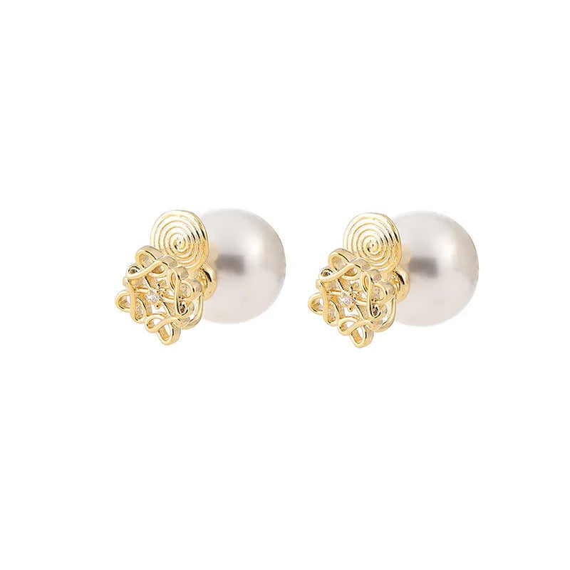 Vintage Big Pearl Square Swirl Alloy Rhinestone Stud & Clip On No Piercing Luxury Women's Earrings