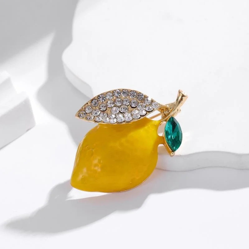 Cute Yellow Enamel Lemon Brooch With Rhinestone Leaf, Elegant Fruit Lapel Pin Corsage Suit Accessory Gift