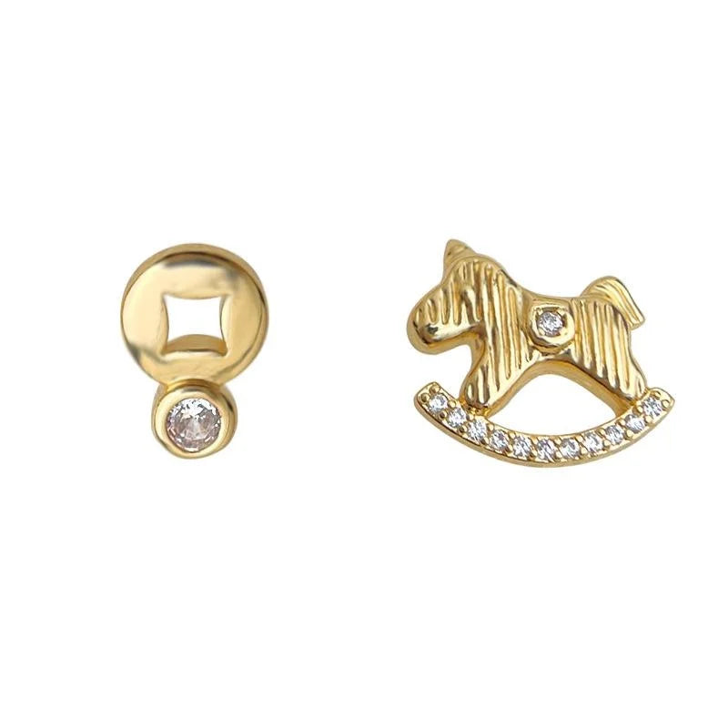 14K Plated Copper Asymmetric AB Micro Pave Zircon Circle Ring Stud Earrings