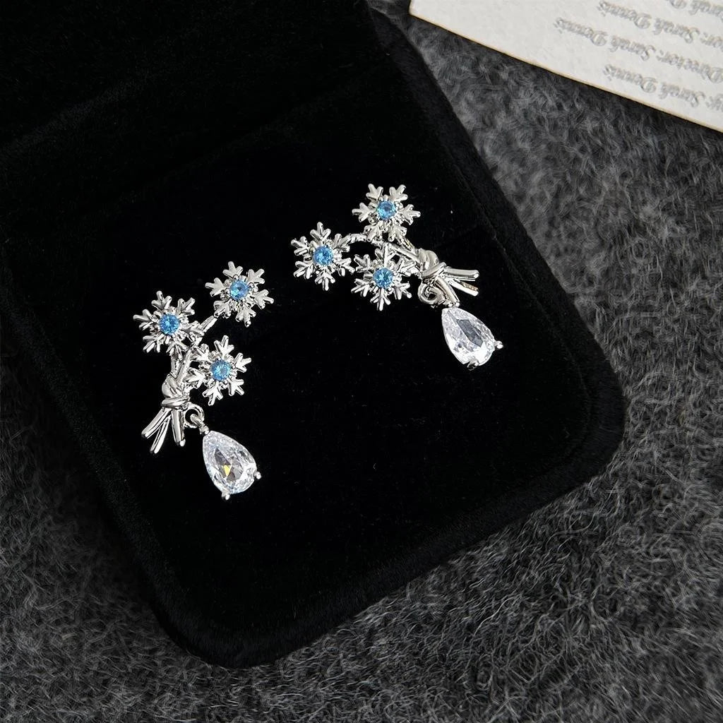 Original Snowflake Aquamarine Zircon Copper Drop Earrings Designer Floral Geometric Style
