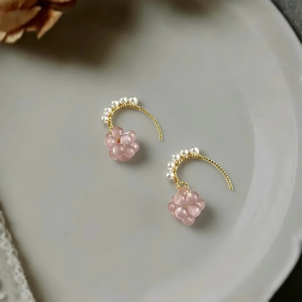 French Vintage 14K Gold Plated Glass Cat Eye Round Fruit Drop Earrings for Women