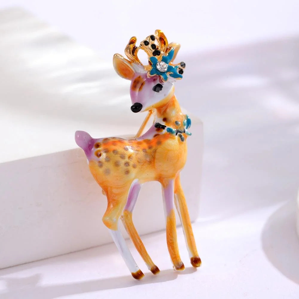 Cute Enamel Sika Deer Brooch With Rhinestone Flower, Alloy Animal Lapel Pin Corsage Gift Suit Accessory
