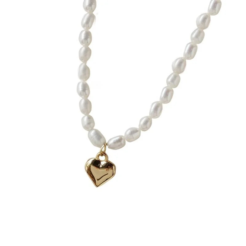14K Gold Plated Natural Freshwater Pearl Heart Pendant Necklace Japanese Korean Elegant Clavicle Chain