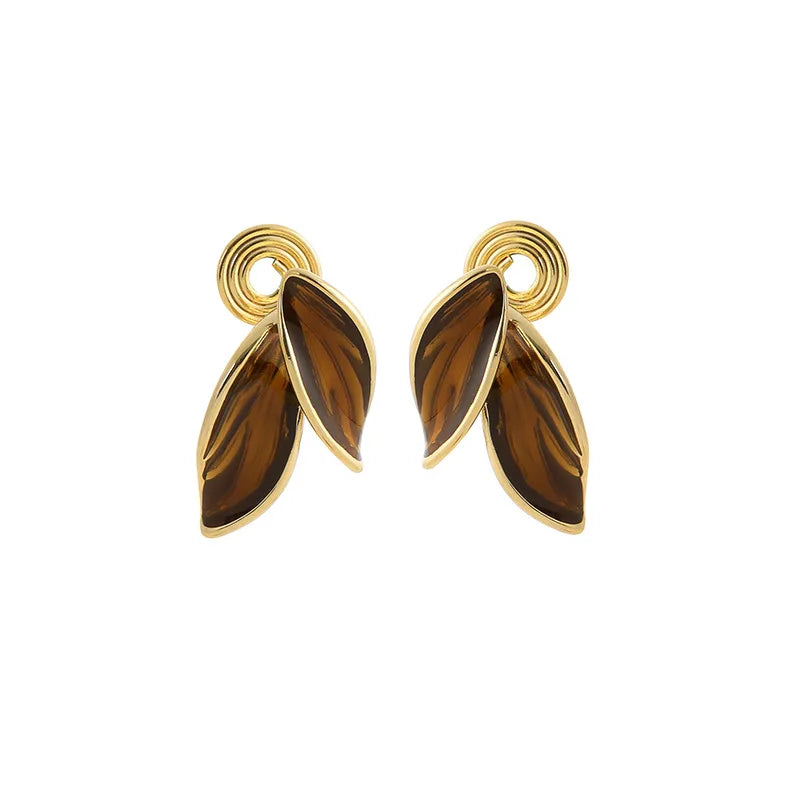 Elegant Brown Enamel Leaf Alloy Stud & Clip On No Piercing Autumn Winter Statement Earrings
