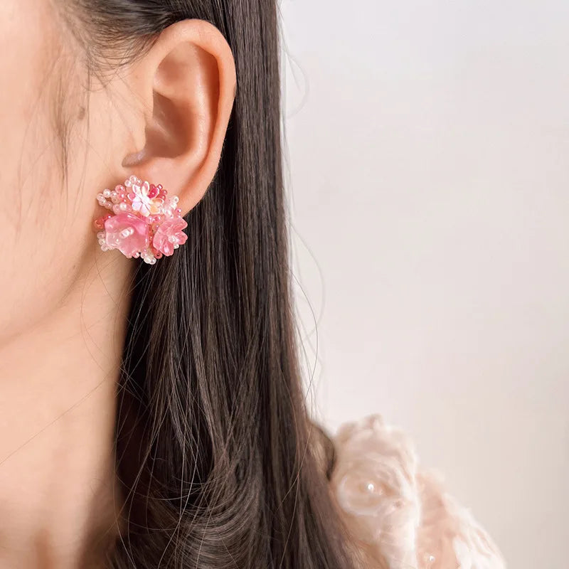 Elegant Pink Beaded Flower Alloy Stud & Clip On No Piercing Handmade Spiral Pearl Drop Earrings