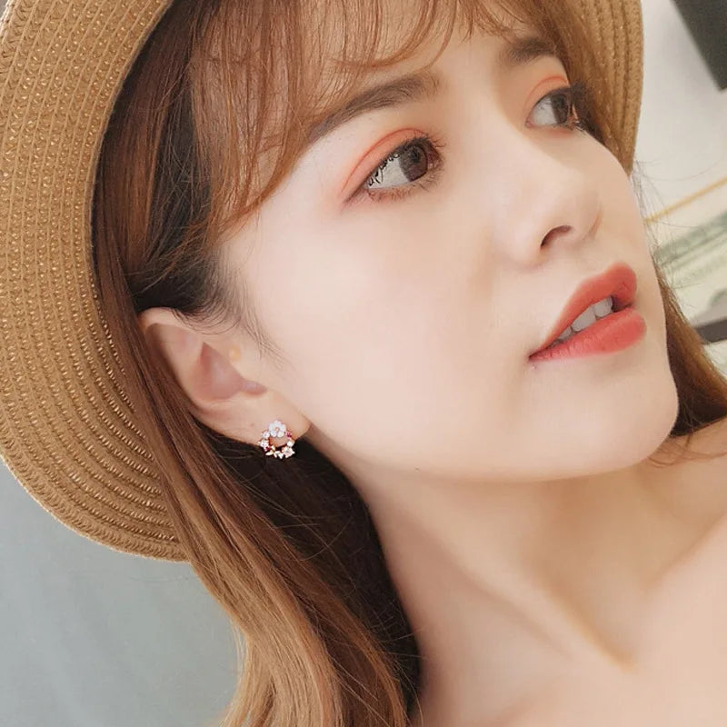 Elegant Floral Wreath Rhinestone Crystal Bow Stud & Clip On No Piercing Korean Style Earrings