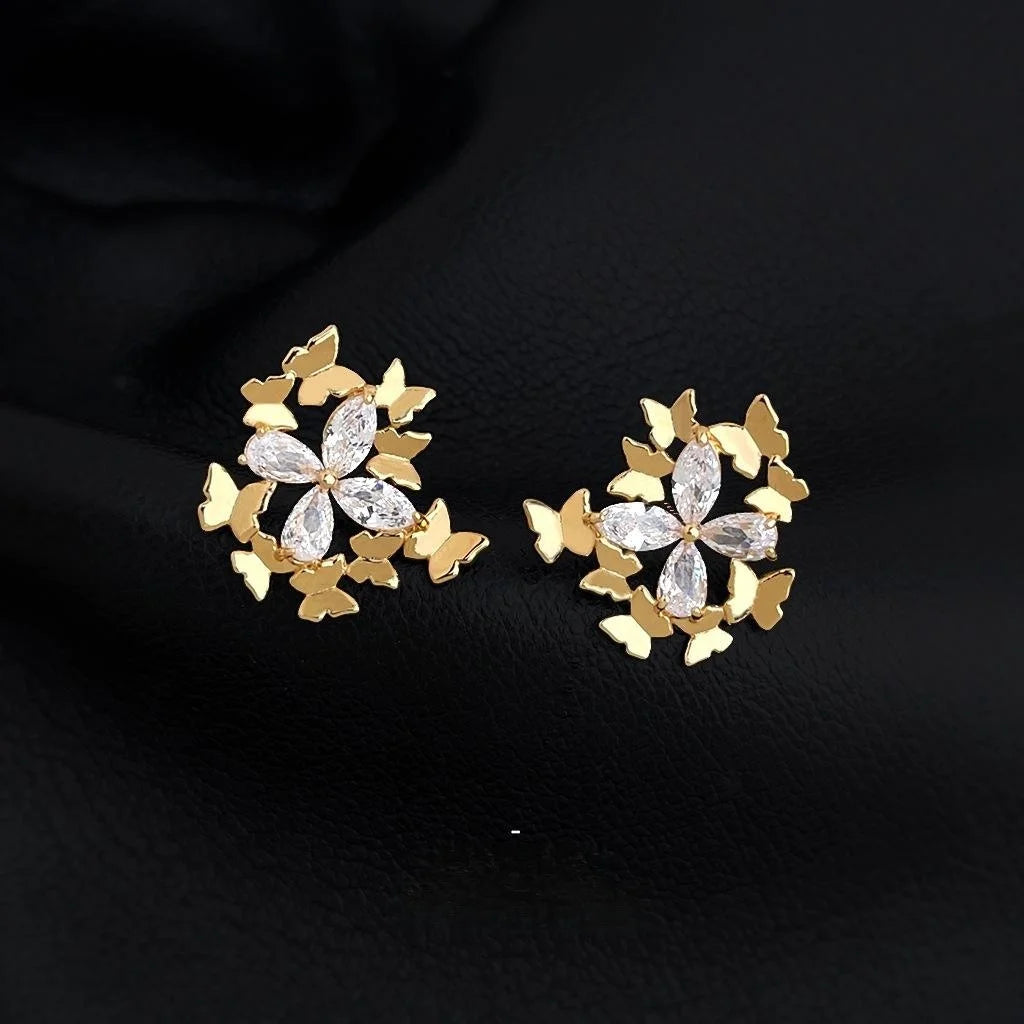 Fairy Style Butterfly Zircon Copper Stud Earrings With Silver Plated Pins Floral Geometric Design