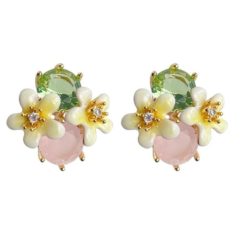 Sweet 14K Gold Plated Copper Zircon Glass Crystal Enamel 3D Flower Stud Earrings