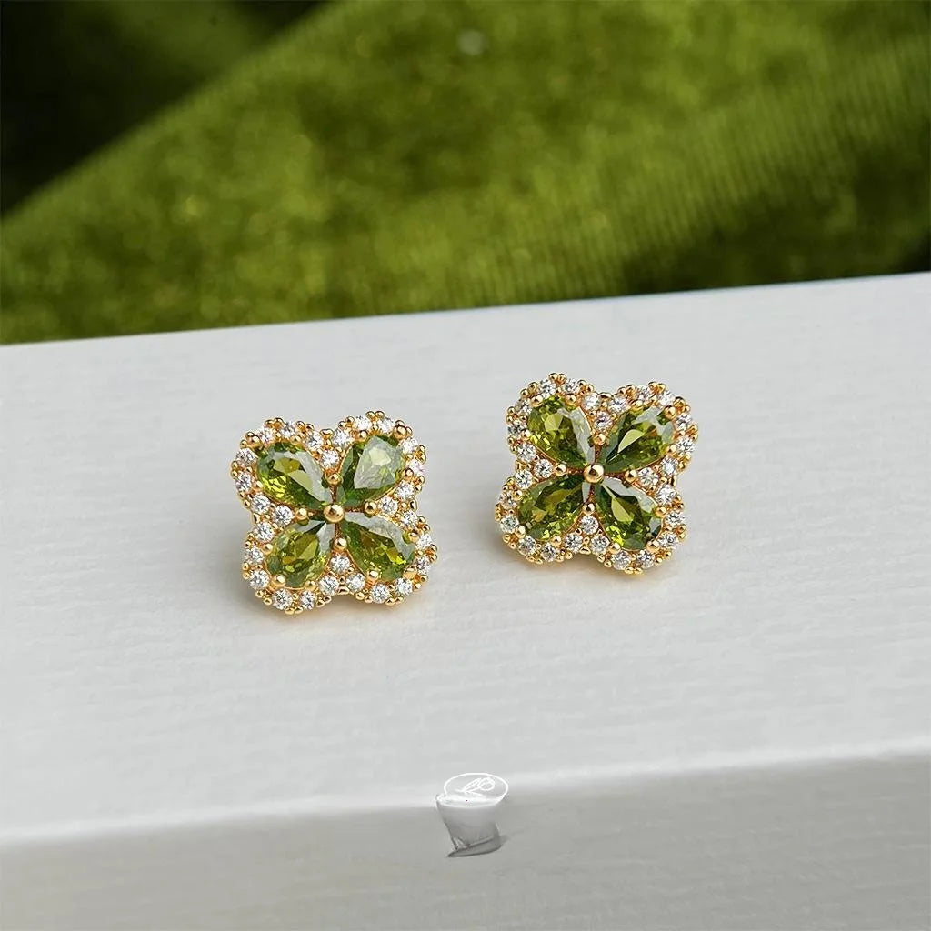 Luxury Micro Pave Zircon Olive Green Flower Petal Silver Plated Stud Earrings For Daily Wear