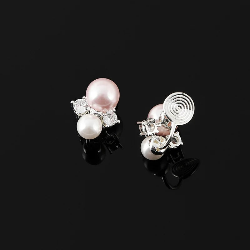 Elegant Pink Pearl Rhinestone Cluster Spiral Stud & Clip On No Piercing Korean Fashion Earrings