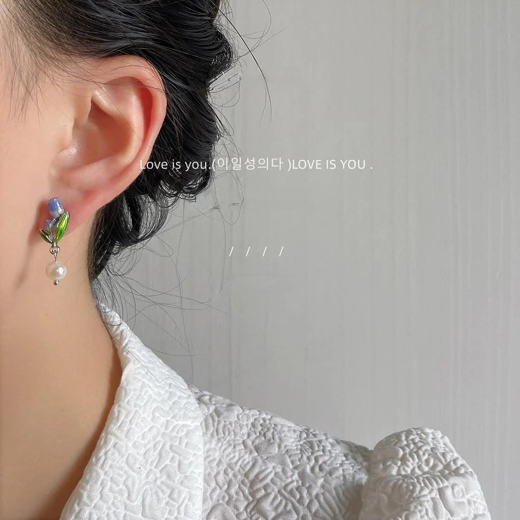 Forest Style Handmade Tulip Flower Stud Earrings With Freshwater Pearls Purple Enamel Silver Plated Copper