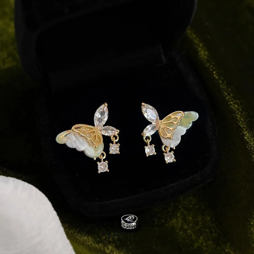 14K Plated Copper Resin Micro Pave Zircon 3D Butterfly Drop Earrings Sweet Elegant Style
