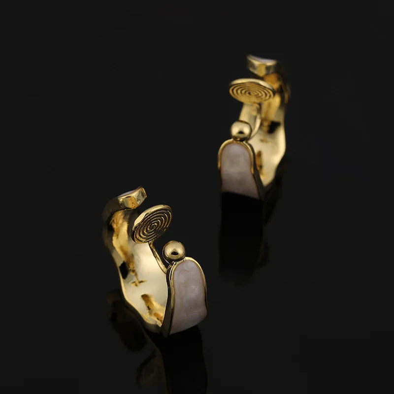 Elegant Gold Tone Irregular Wavy Enamel Alloy Hoop Stud & Clip On No Piercing Ear Cuff Earrings