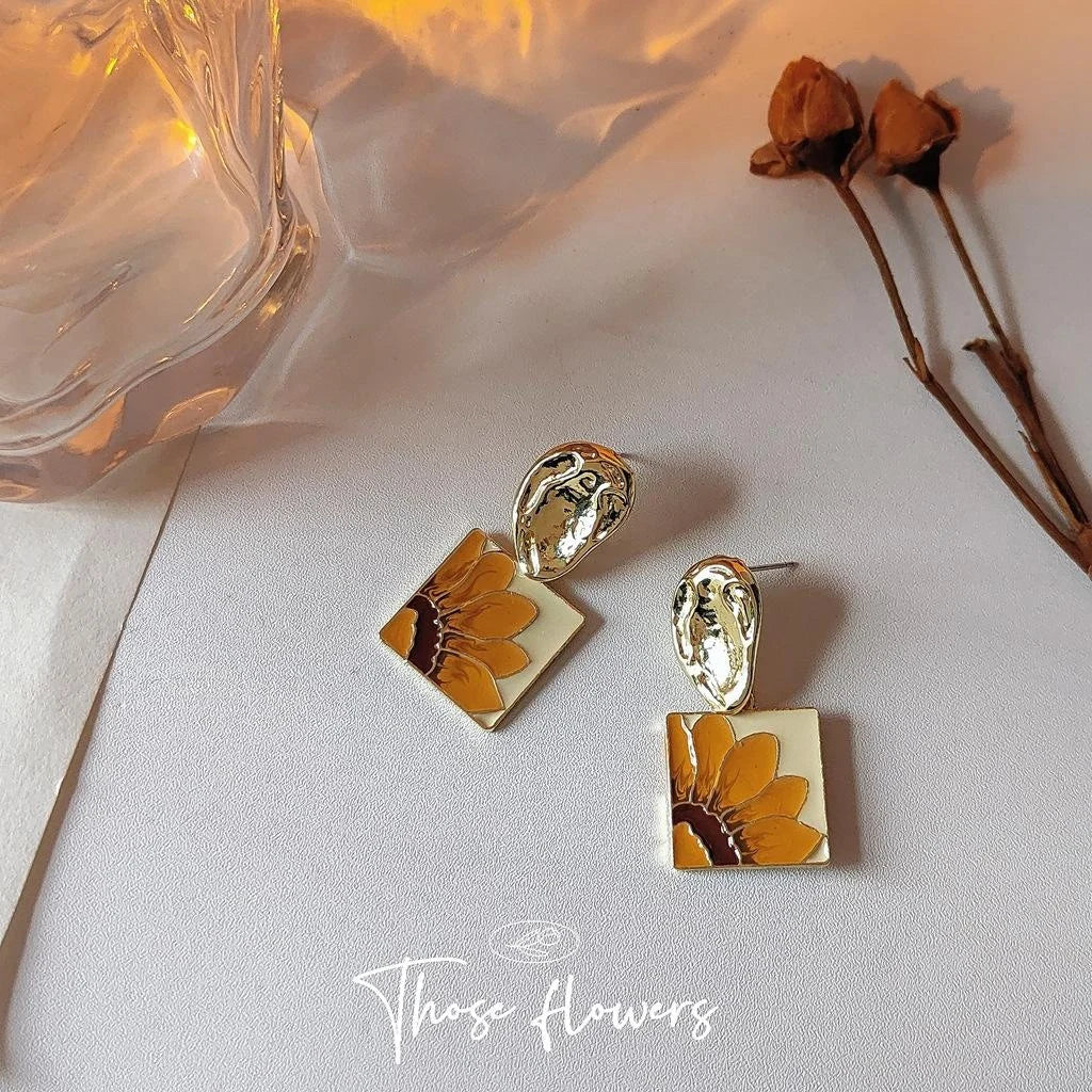 14K Plated Metal Sunflower Floral Stud Earrings With Silver Plated Pins For Women
