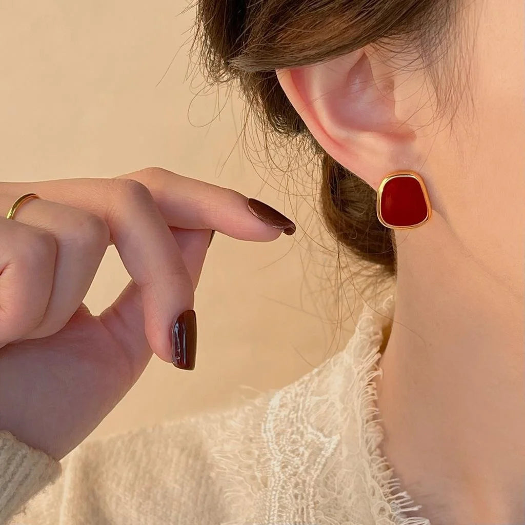 Vintage Burgundy Geometric 14K Gold Plated Enamel Copper Stud Earrings