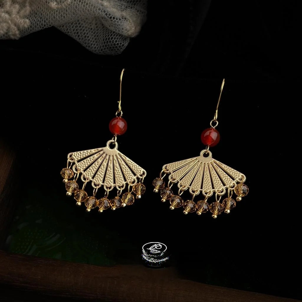 Vintage Red Agate Glass Crystal Fan Geometric Handmade Drop Earrings For Women