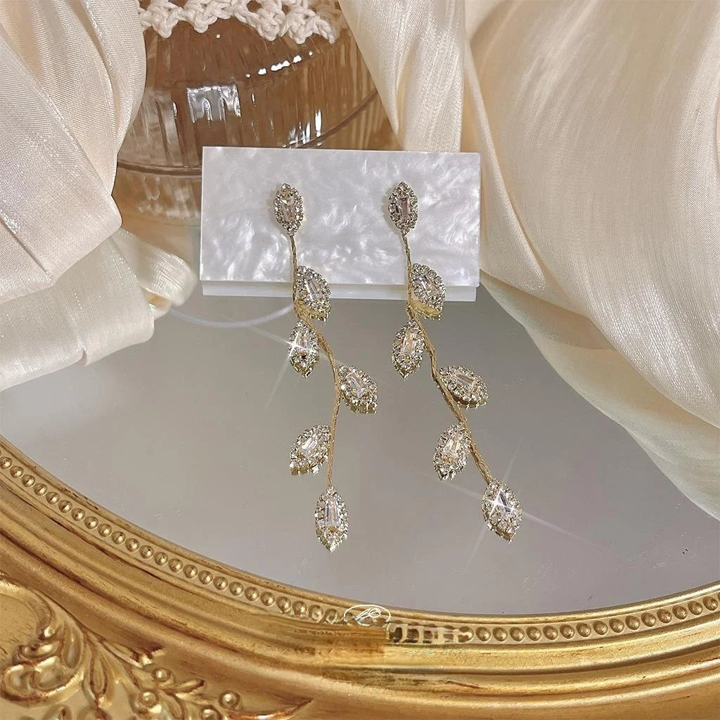 14K Gold Plated Zircon Leaf Tassel Drop Earrings Light Luxury Jewelry