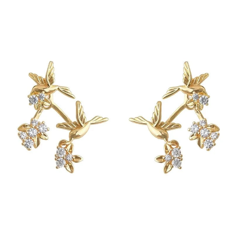 Multi Wear Flying Bird Zircon Copper Stud Earrings, Chic Niche Floral Animal Design