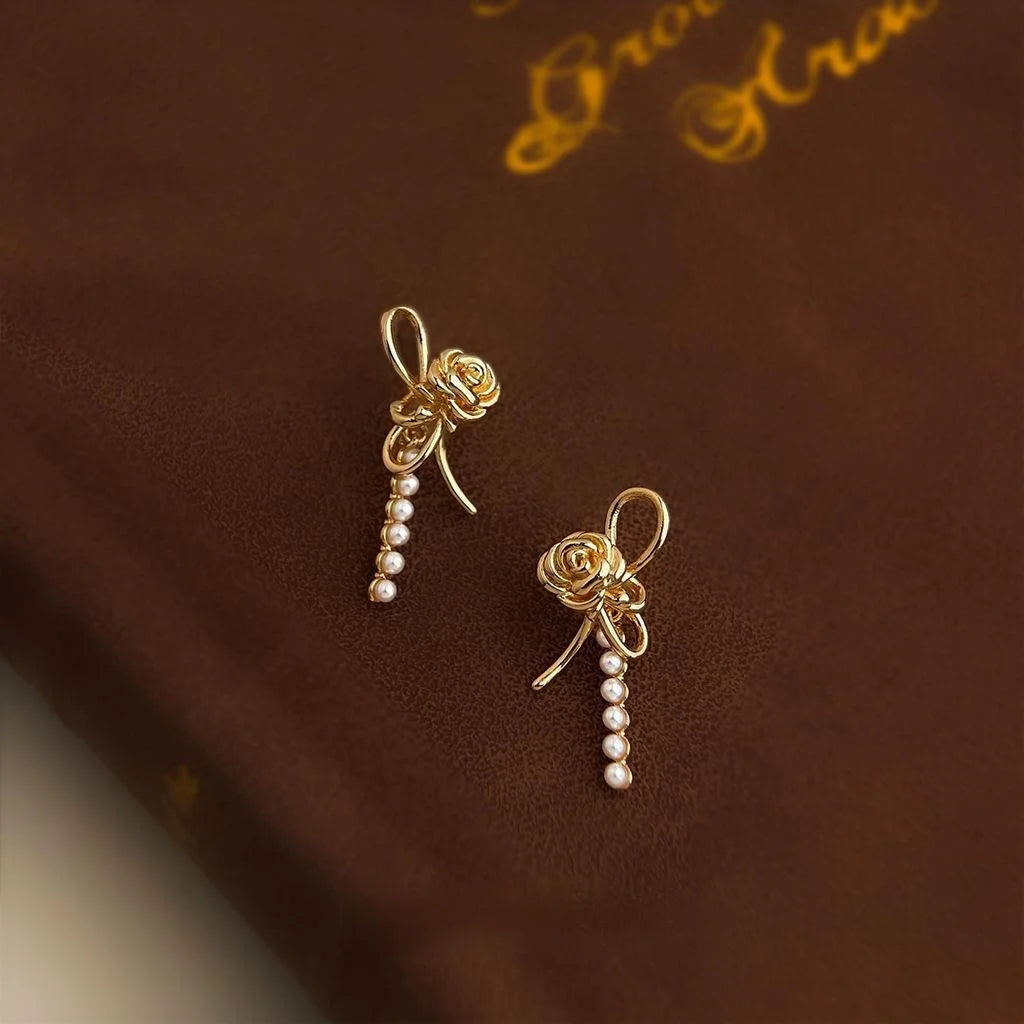 Light Luxury Rose Flower Pearl Copper Drop Earrings For Women