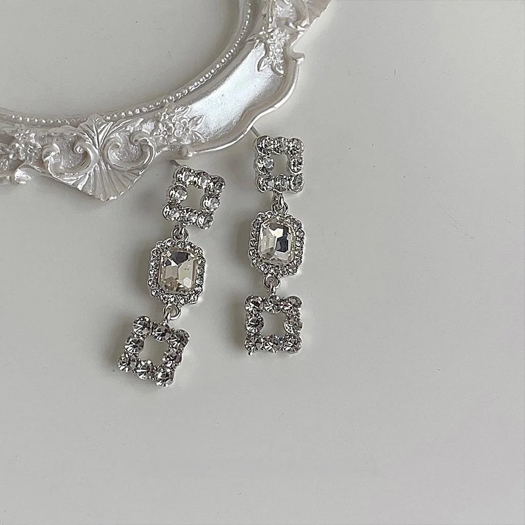 Light Luxury Geometric Square Glass Rhinestone Long Stud Earrings For Evening Wear