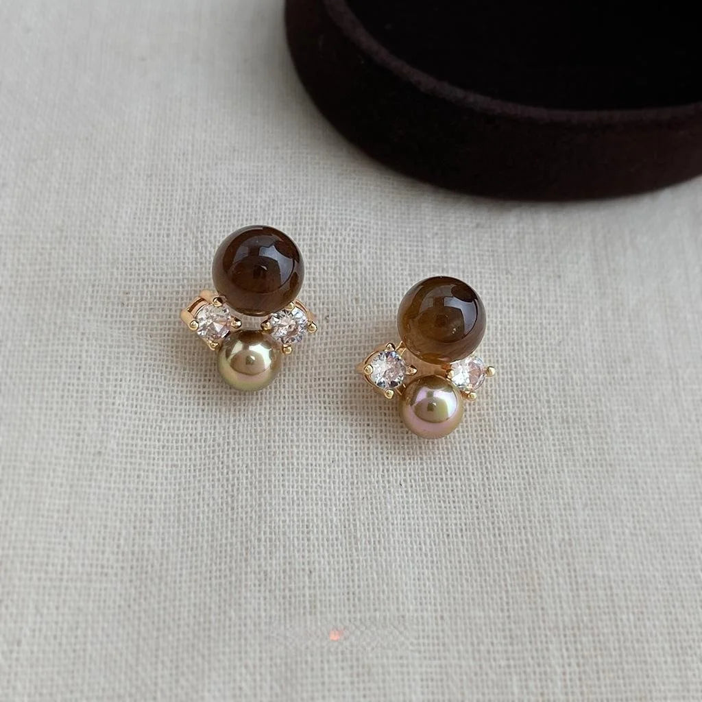 Maillard Vintage Tiger Eye Zircon Pearl Geometric Flower Stud Earrings