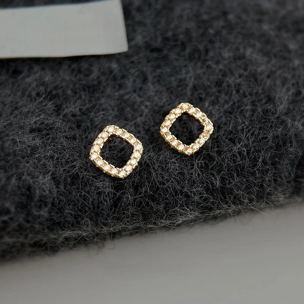 Elegant Eco-Friendly Copper Micro Pave Zircon Square Geometric Hollow Stud Earrings