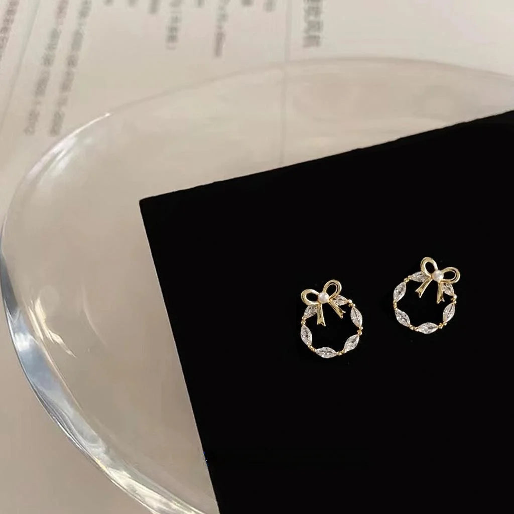 Sweet Bow Wreath Micro Pave Zircon Copper Stud Earrings, Hollow Geometric Round Mini Jewelry