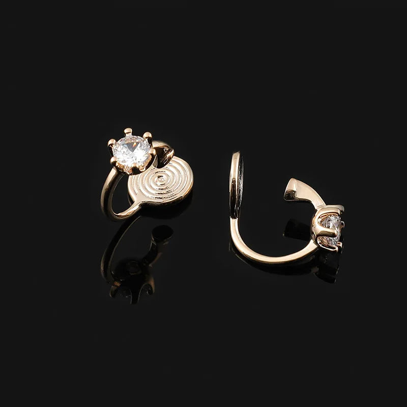 Elegant Gold Alloy Spiral Coil Hoop Zircon Stud & Clip On No Piercing Minimalist Round Cuff Earrings