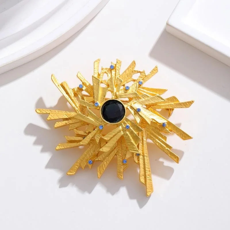 Vintage Gold Snowflake Starburst Brooch With Blue Rhinestones, Elegant Lapel Pin Suit Accessory Gift