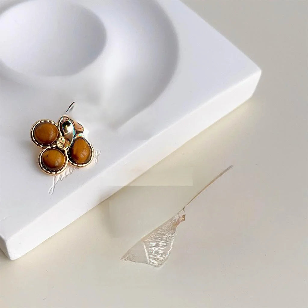 Maillard Tiger Eye Geometric Stud Earrings French Vintage Cat Eye Glass Flower Jewelry