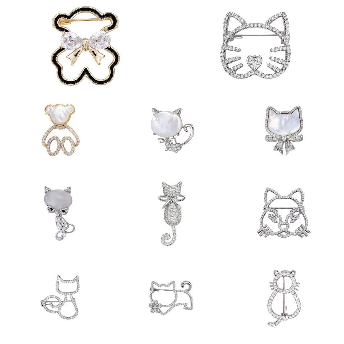 Cute Luxury Cat Bow Brooch With Zircon Rhinestones And Mother Of Pearl, Elegant Lapel Pin Suit Accessory Gift