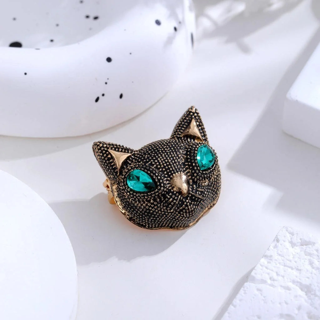 Vintage Cat Head Brooch With Green Rhinestone Eyes, Antique Gold Alloy Lapel Pin For Suit Accessory Gift