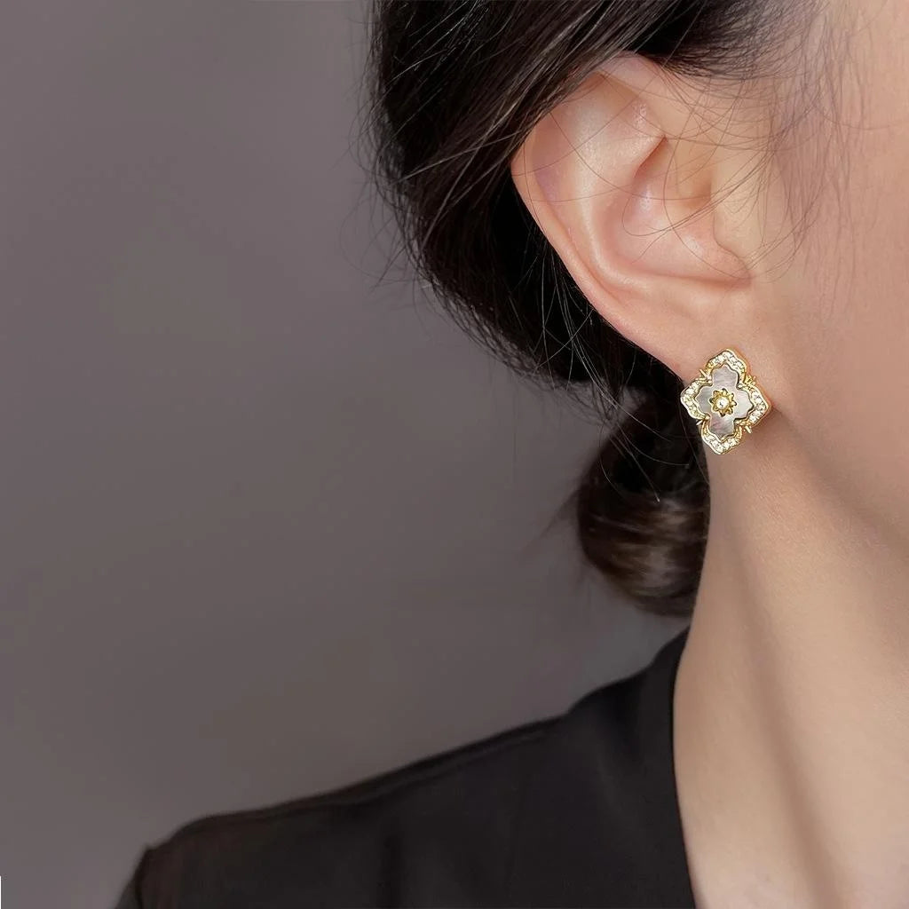 French Vintage Real Shell Cross Stud Earrings With Micro Pave Zircon 14K Plated