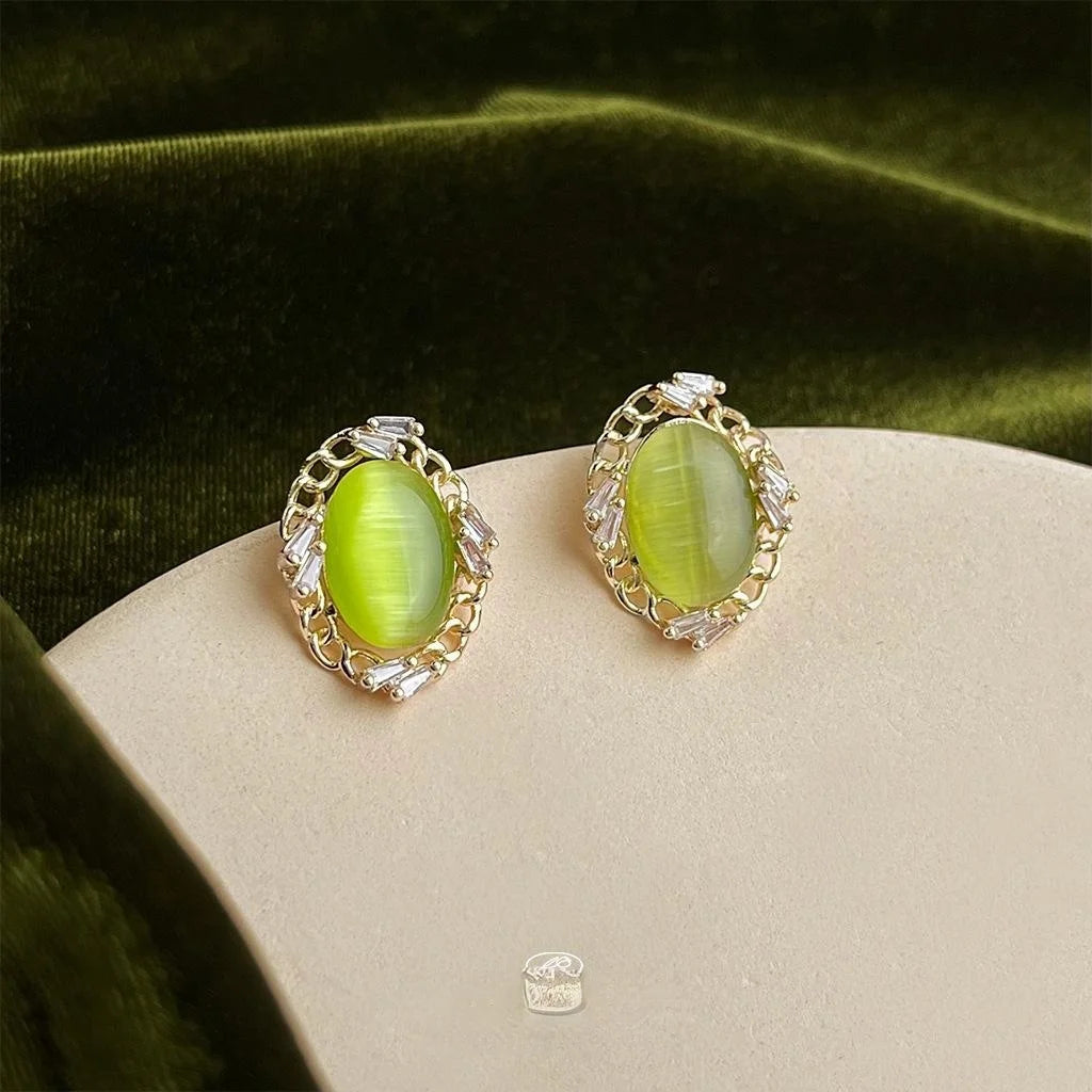 Vintage 14K Plated Copper Olive Green Cat Eye Oval Zircon Stud Earrings