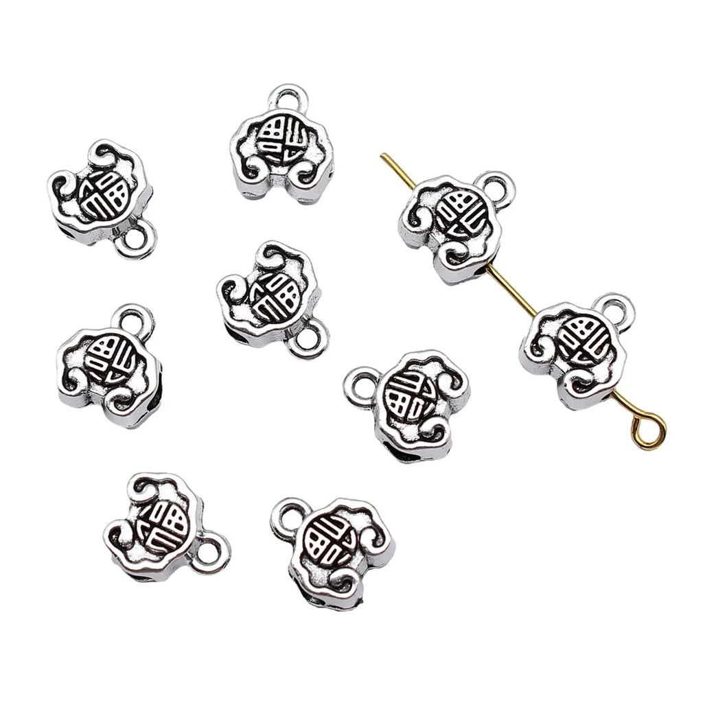 10.8x9.3x5.7mm 1.3g Antique Silver Zinc Alloy Double Sided Fu Character Lock Three Hole Connector Bead for DIY Jewelry