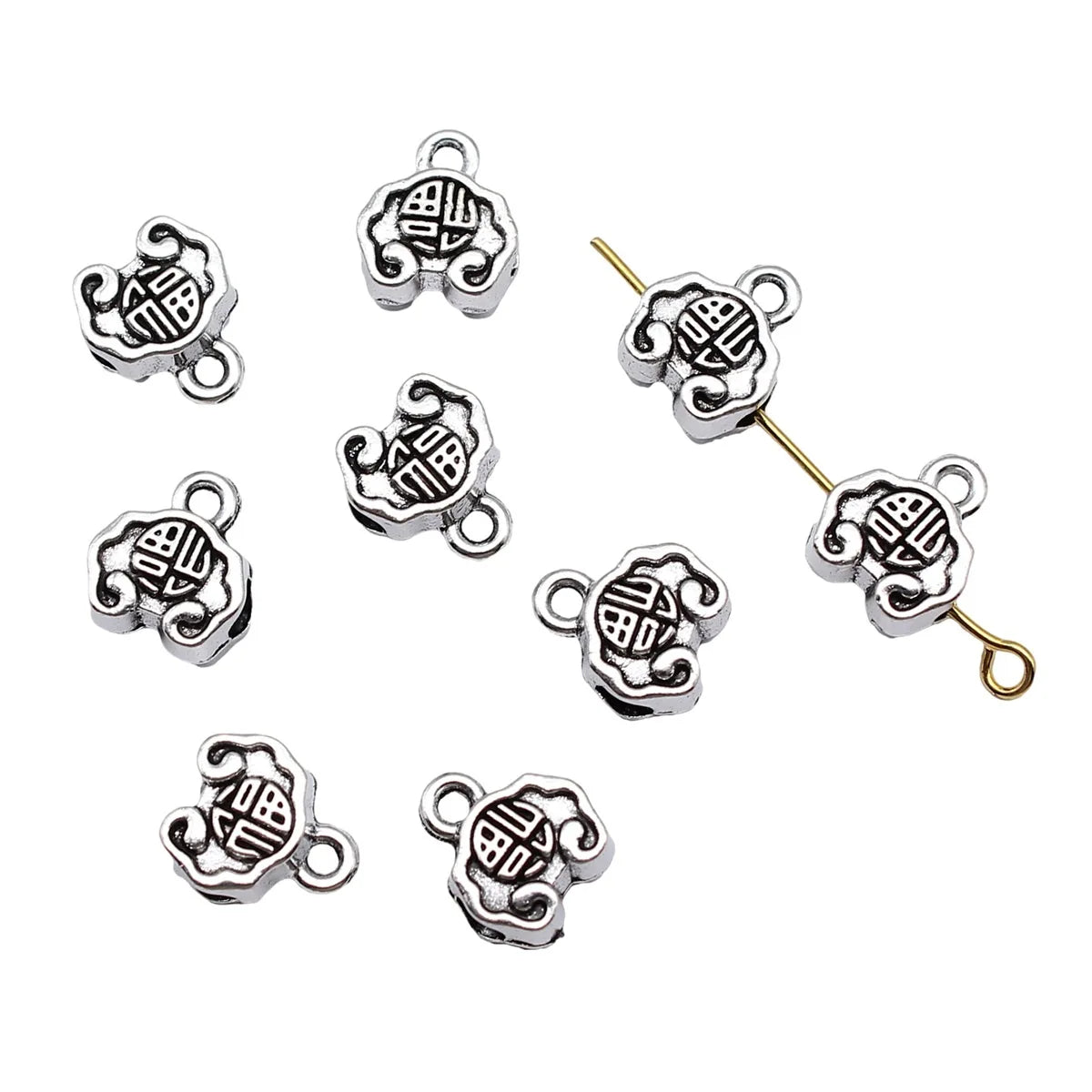 10.8x9.3x5.7mm 1.3g Antique Silver Zinc Alloy Double Sided Fu Character Lock Three Hole Connector Bead for DIY Jewelry