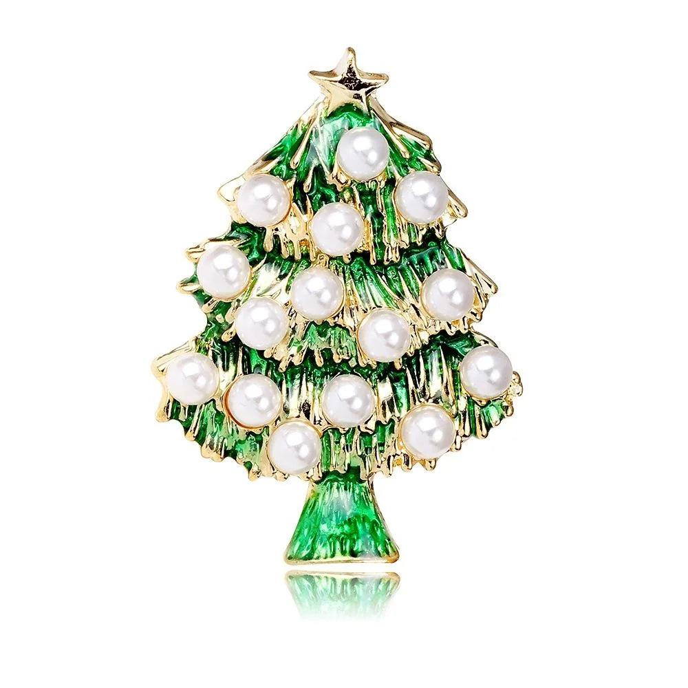 Elegant Green Enamel Christmas Tree Brooch With Faux Pearls, Gold Alloy Holiday Lapel Pin Gift