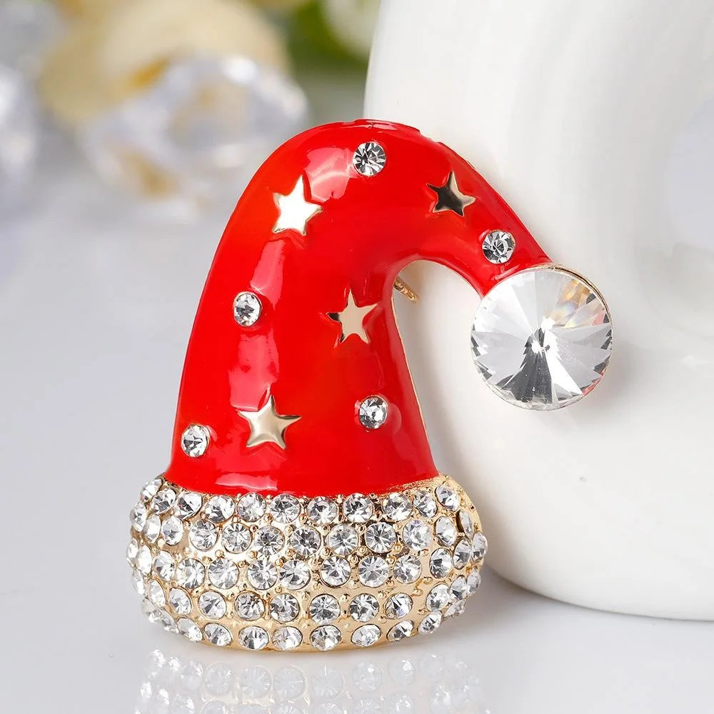 Cute Red Enamel Christmas Santa Hat Brooch With Rhinestone Stars, Alloy Lapel Pin Corsage Gift