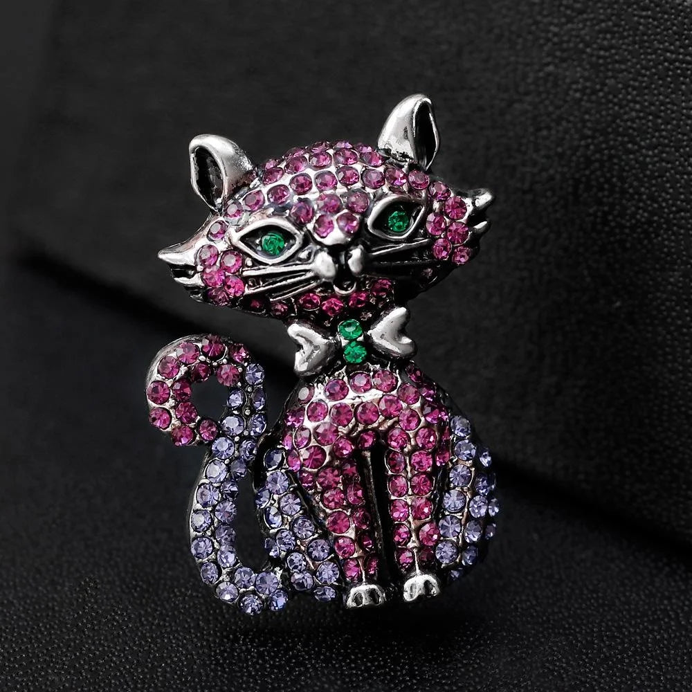 Cute Pink Rhinestone Cat Brooch Alloy Animal Lapel Pin, Elegant Corsage Suit Accessory Gift